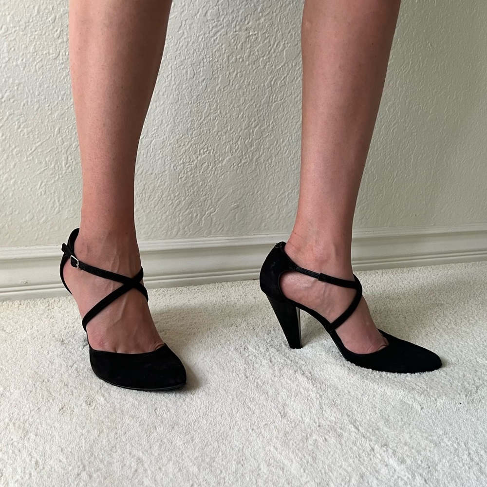 Black Suede Cross Ankle Strap Buckle Platform Heels Sandals size 7-7.5